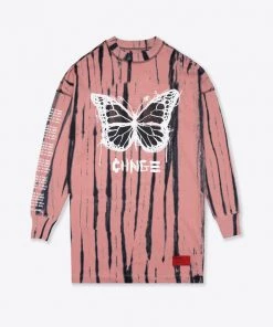Sree Santhosh Tie Dye Butterfly Logo L/S T-Shirt Dress (Dusty Rose) Best Selling